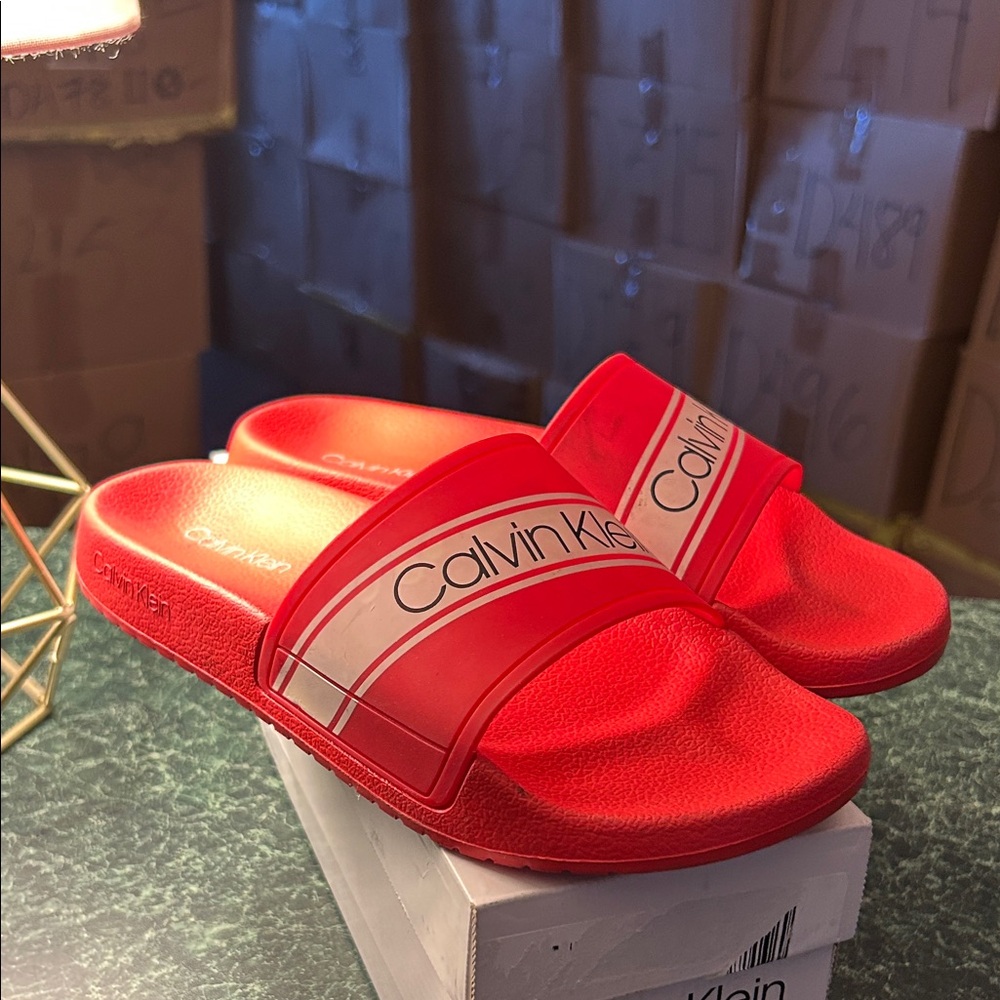 Calvin Klein Bright Red Slide Sandals